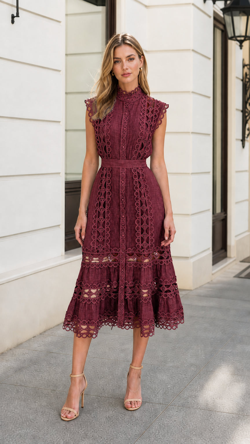 Front view of model wearing Burgundy lace midi dress