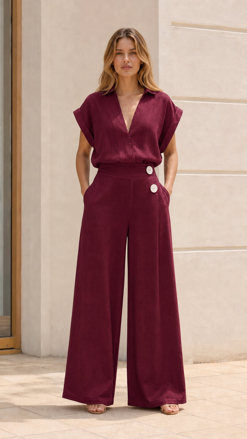 Woman wearing burgundy wide-leg jumpsuit