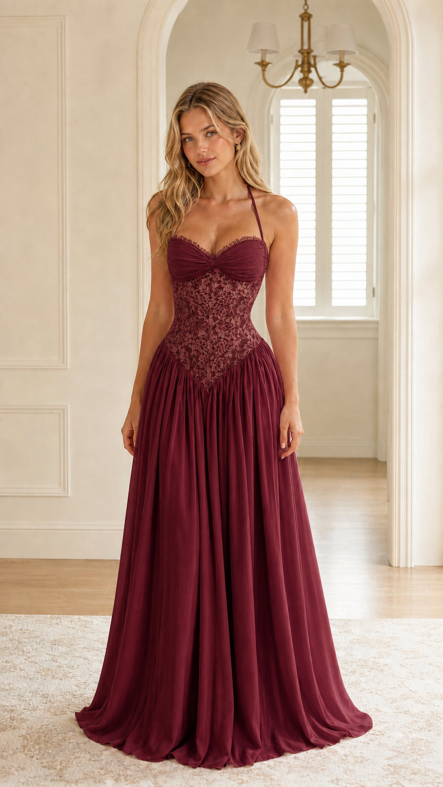 Front view of burgundy color variant evening gown