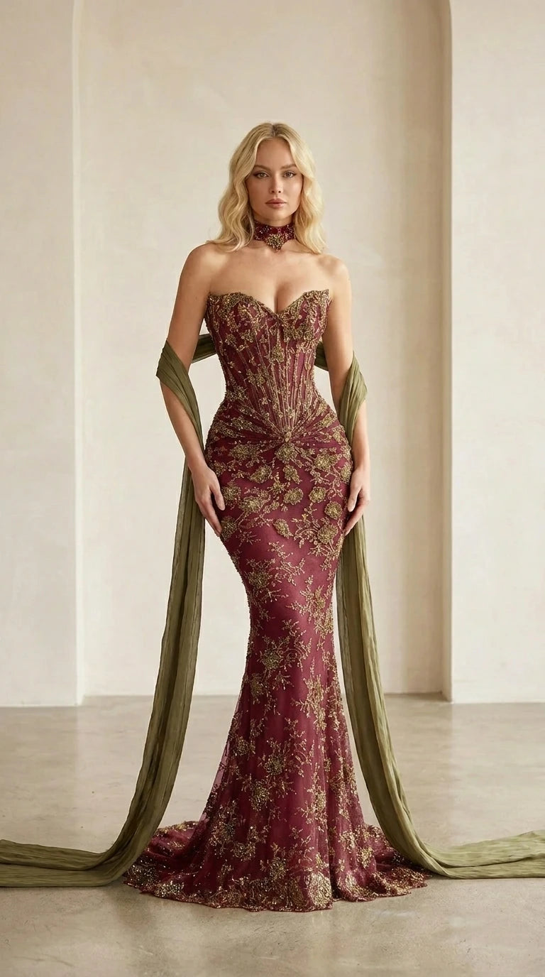 Front view of burgundy color variant of the embellished evening gown