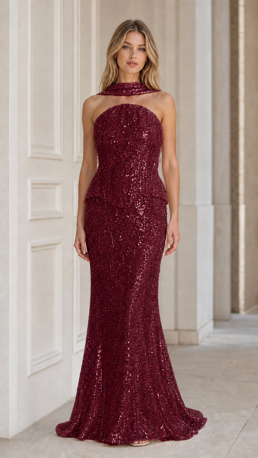 Front view of burgundy sequin mermaid gown