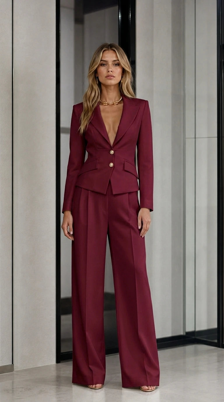 Front view of woman wearing deep burgundy tailored blazer and wide leg pants suit