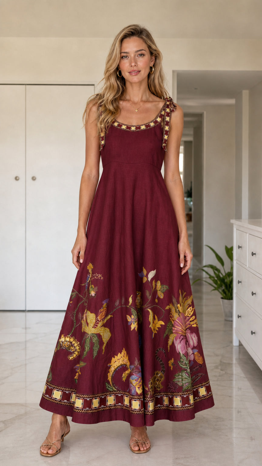 Front full view of burgundy floral maxi dress variant