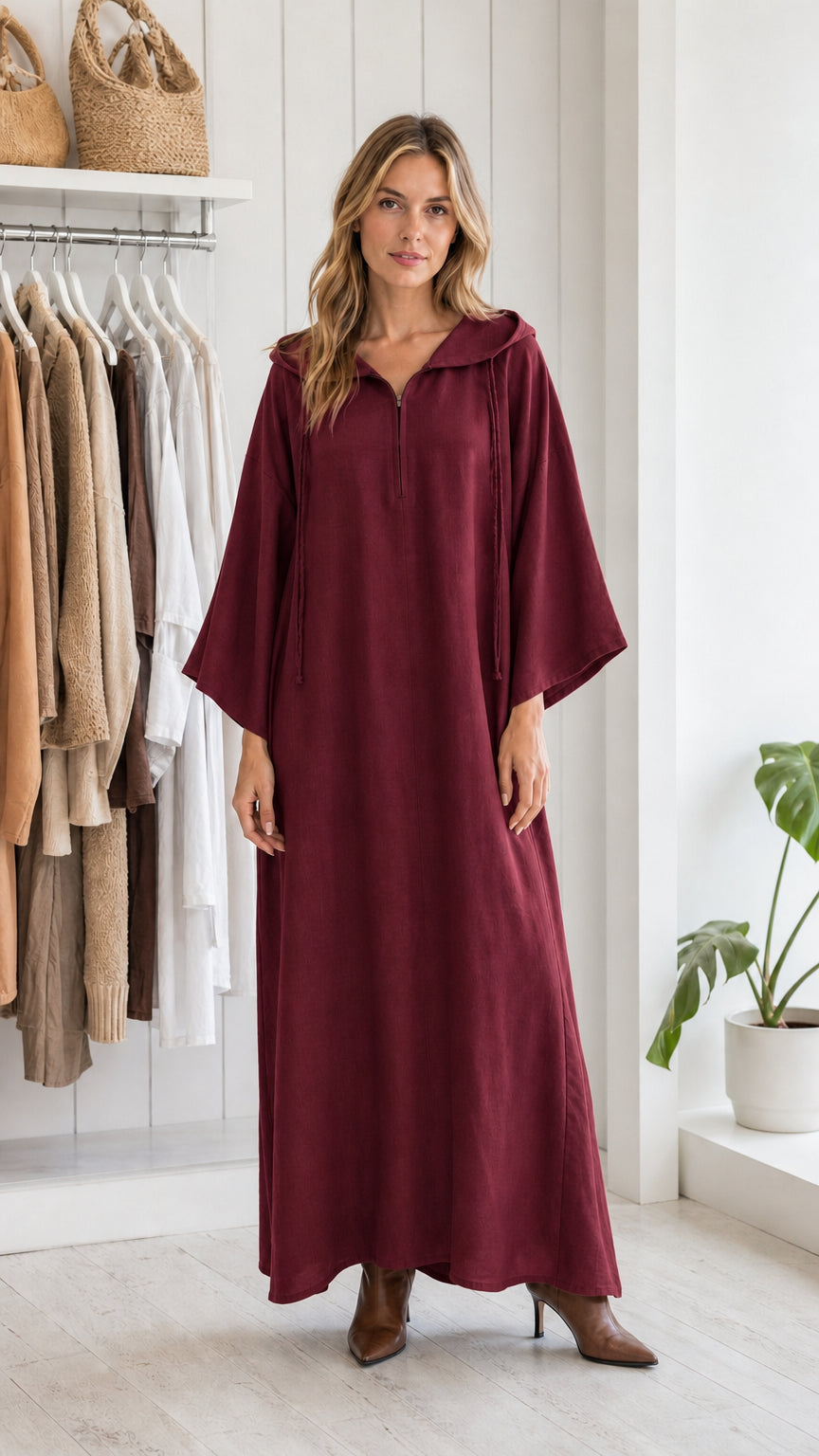 Full view of woman wearing burgundy hooded maxi kaftan