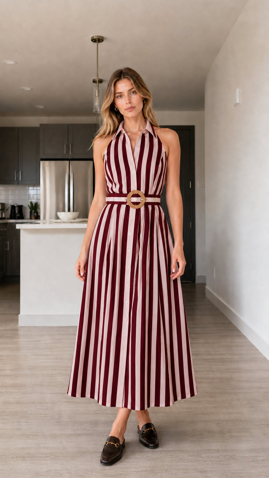 Full front view of burgundy and white striped halter midi dress