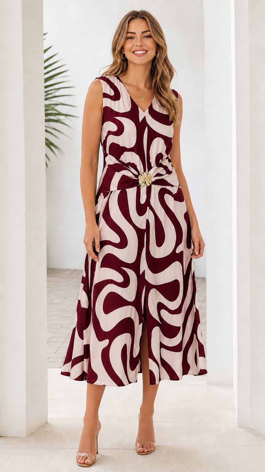 Front view of burgundy and white abstract print midi dress