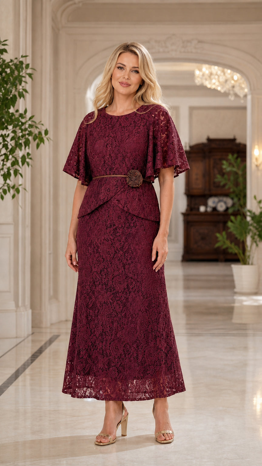 Front view of burgundy lace overlay maxi dress
