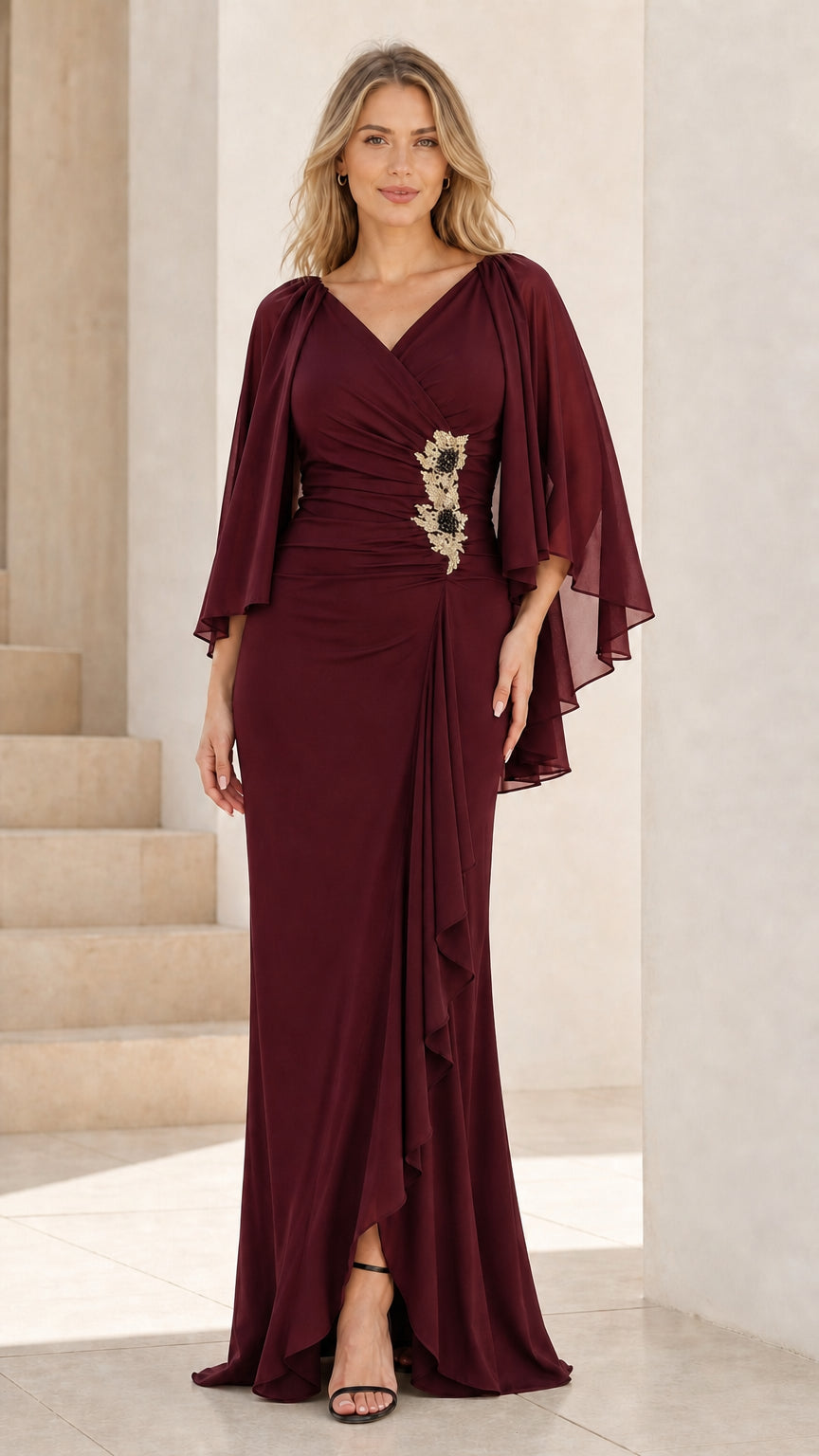 Front view of burgundy chiffon cape sleeve evening dress