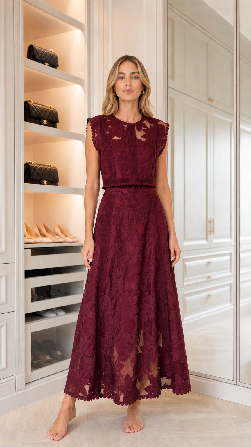 Woman wearing burgundy embroidered maxi dress