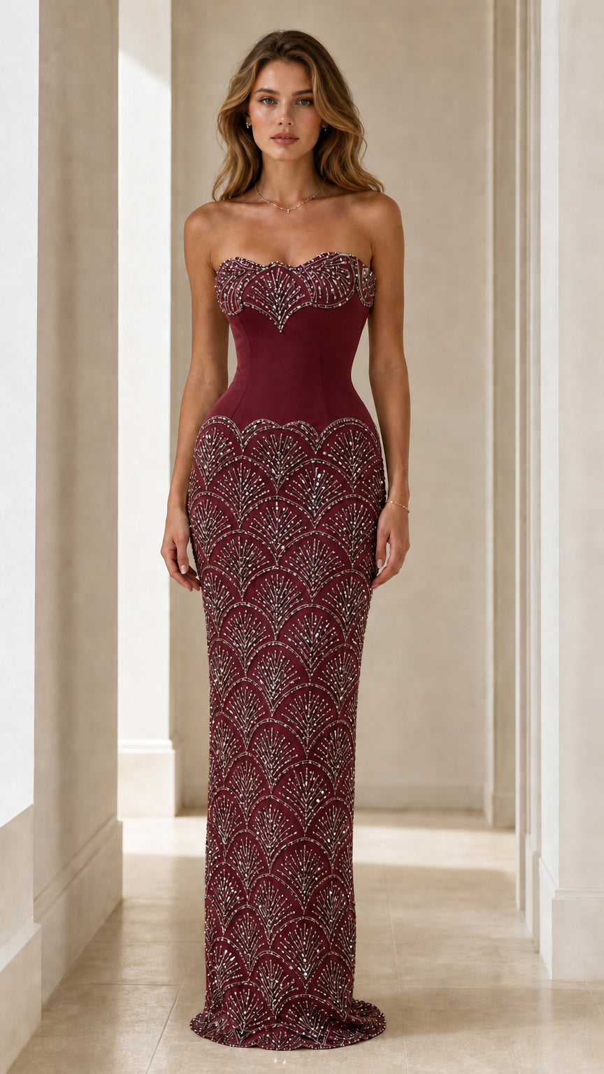 Burgundy sequin strapless evening gown