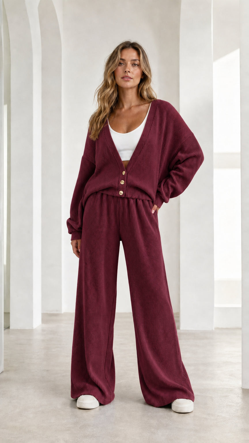 Woman wearing burgundy ribbed knit lounge set