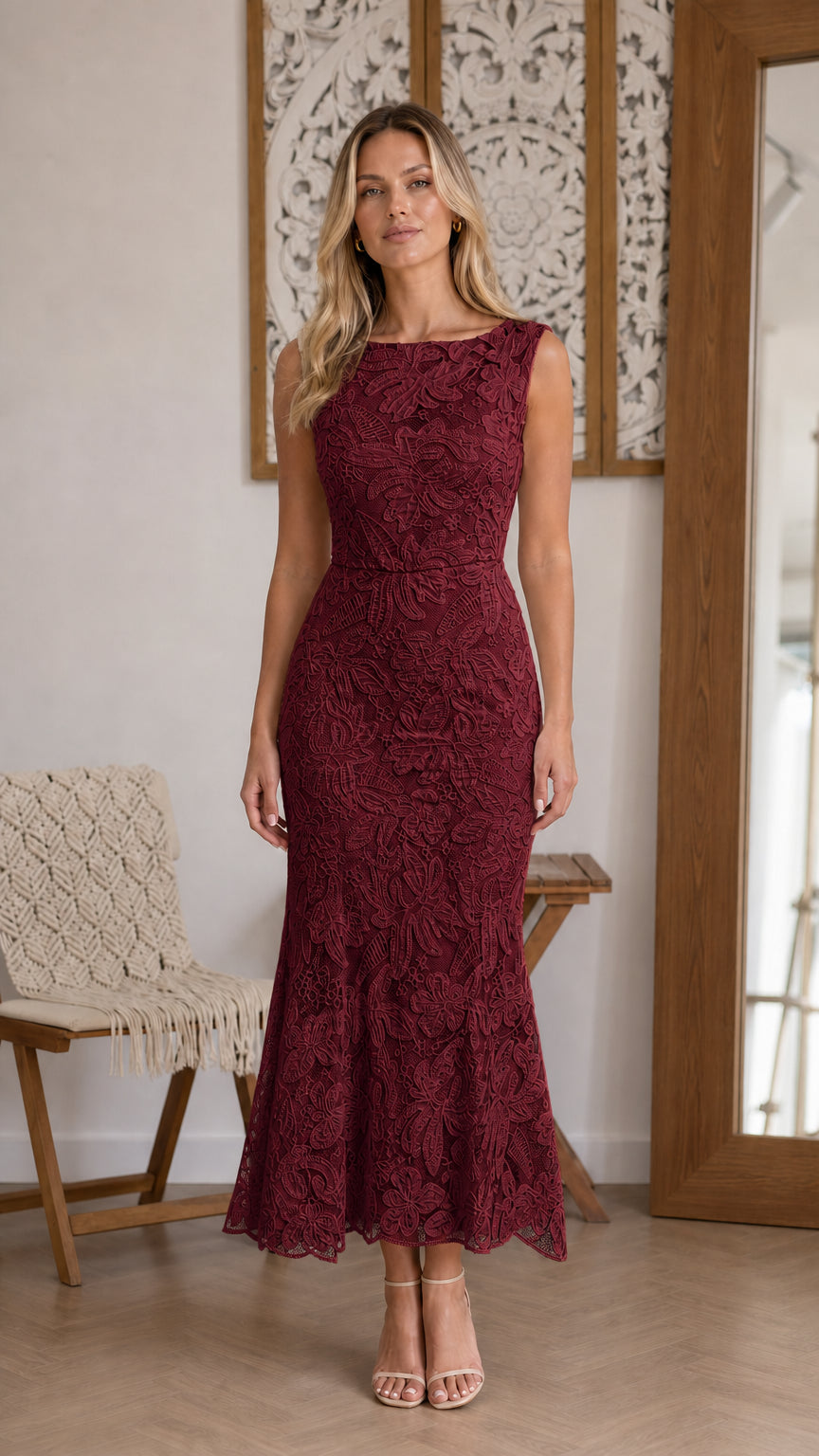 Front view of Burgundy lace midi dress