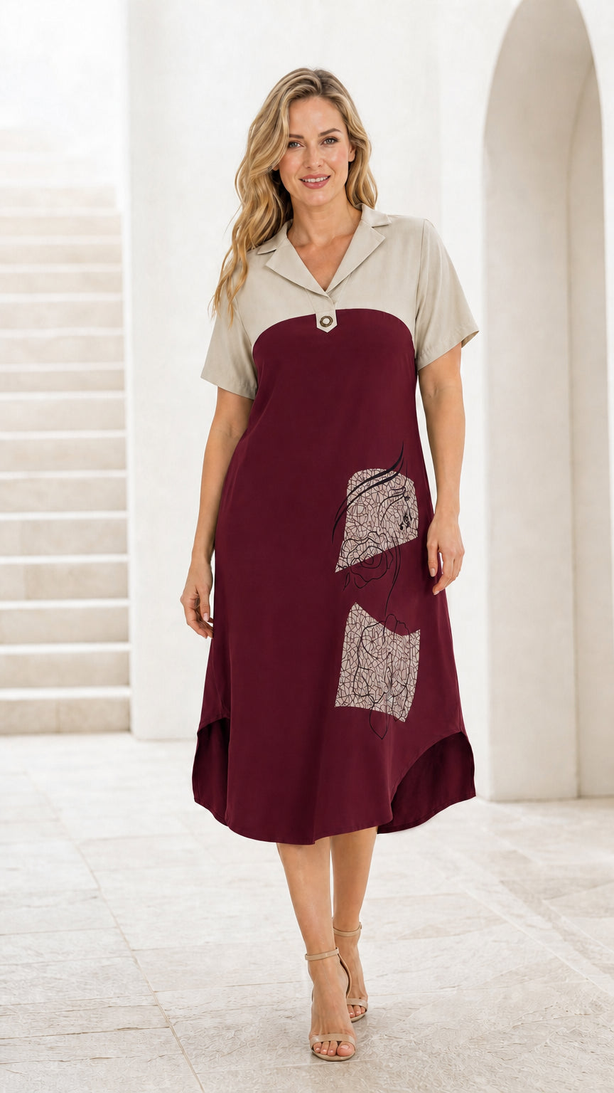 Front view of burgundy color-block midi dress