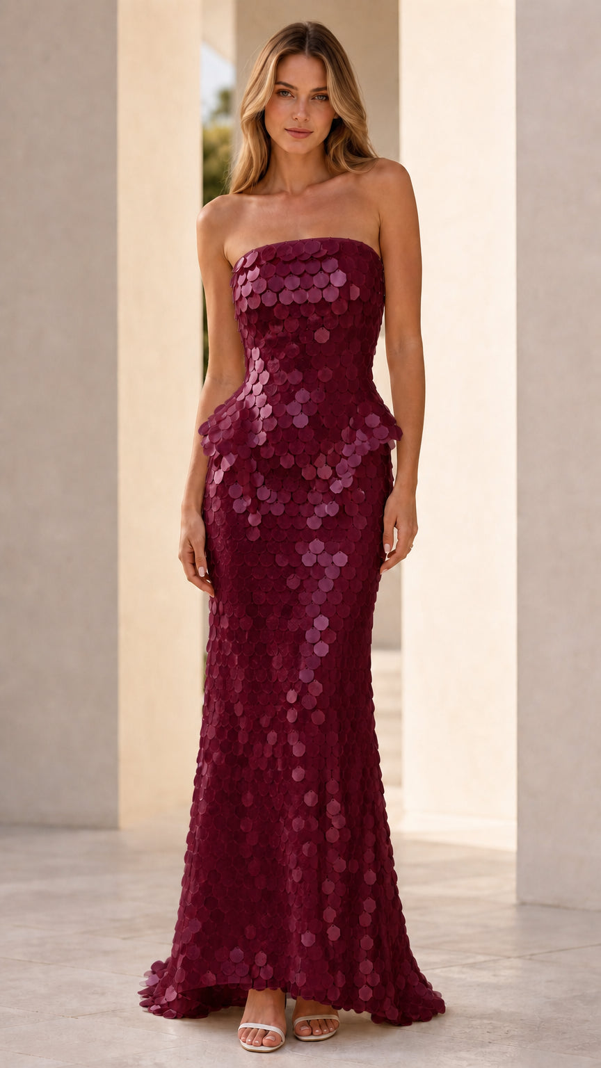 Front view of model wearing burgundy sequin strapless peplum maxi dress