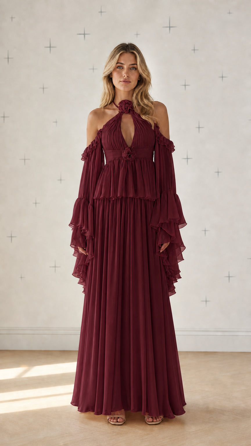 Front view of burgundy cold-shoulder pleated maxi dress
