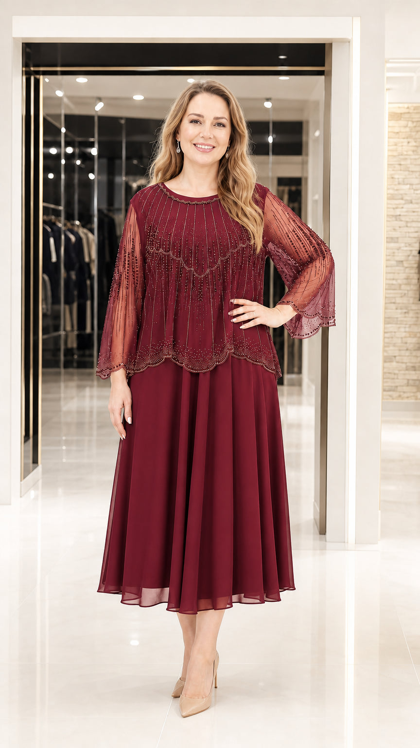 Full front view in burgundy color variant