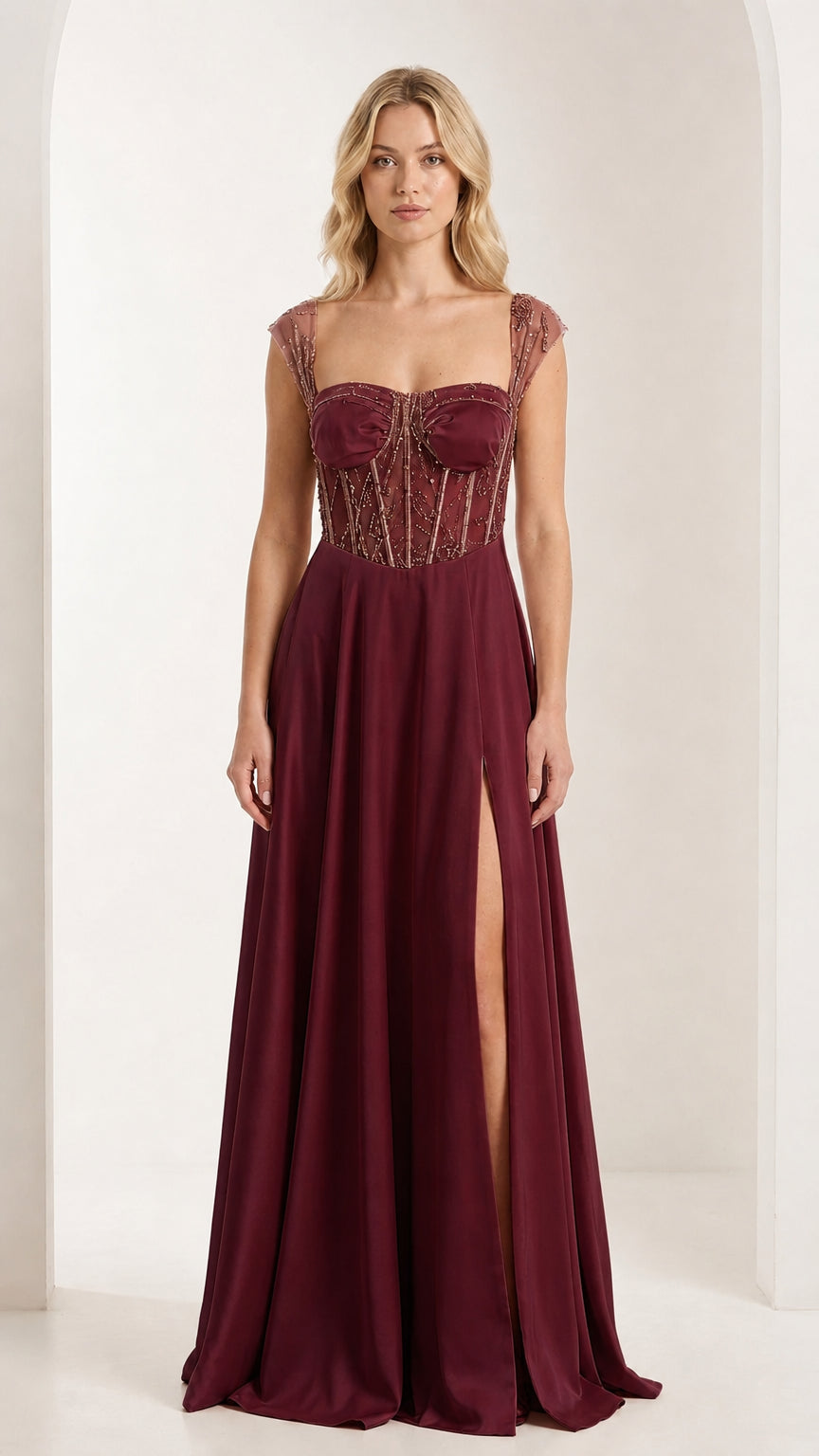 Front view of burgundy corset evening gown