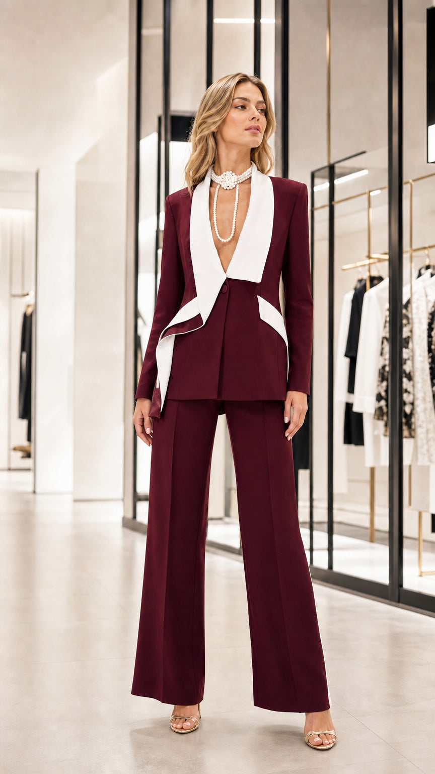 Woman wearing burgundy two piece suit with white contrast lapel