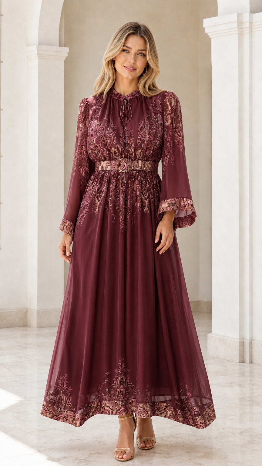 Front view of burgundy paisley maxi dress