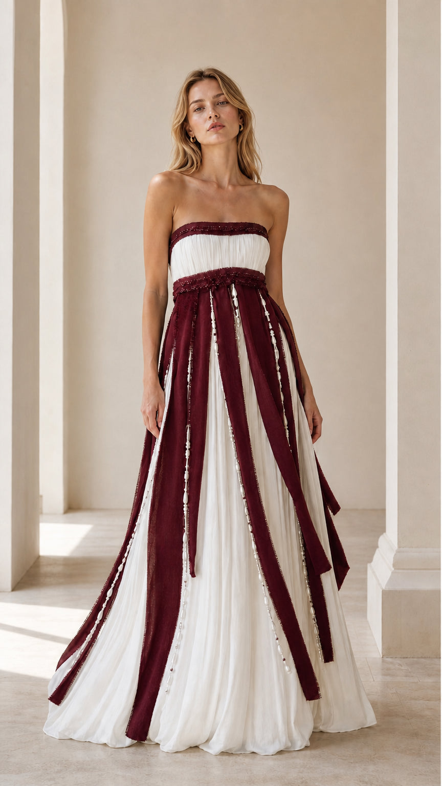 Front view of burgundy and white strapless evening gown