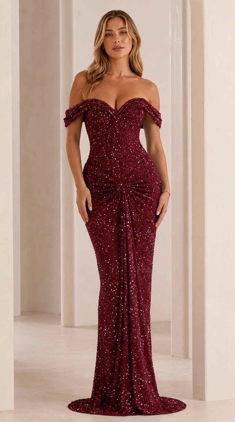 Model wearing burgundy off-shoulder sequin evening gown