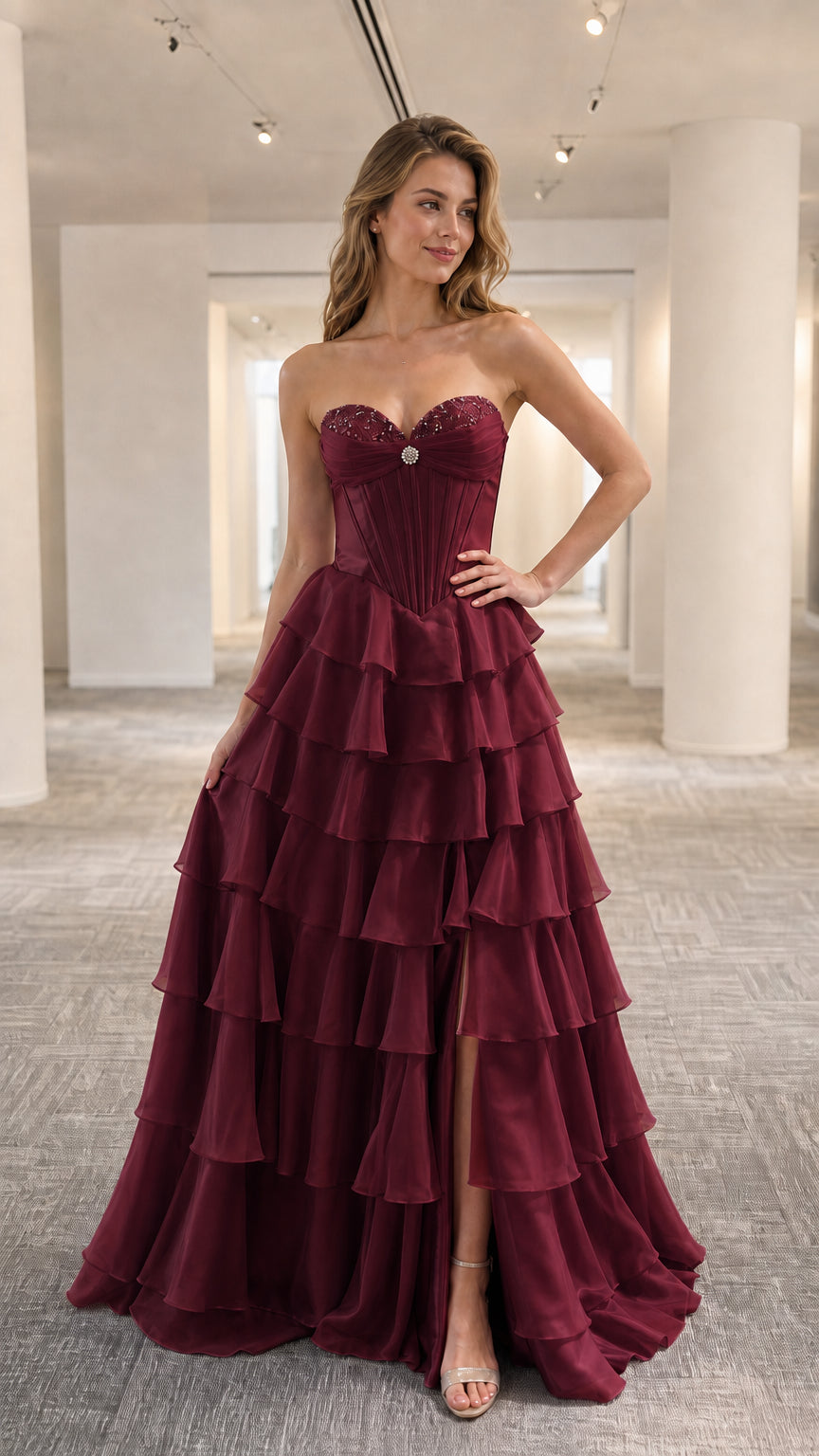 Model wearing burgundy strapless tiered ruffle evening gown