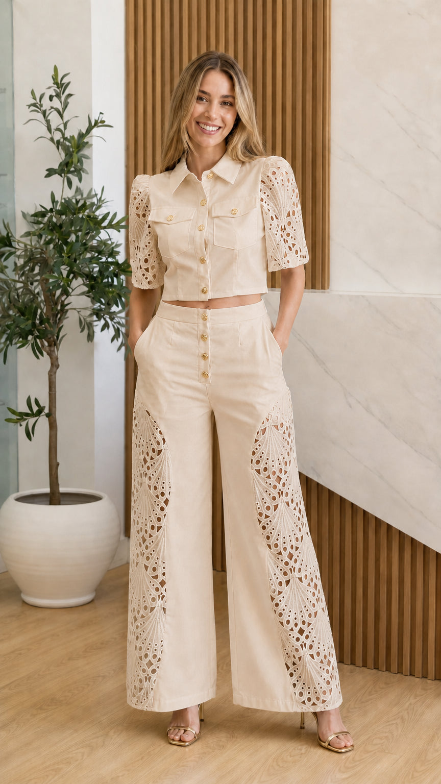 Model wearing beige eyelet crochet two-piece set