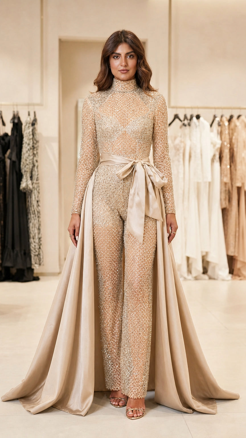 Front view of champagne sequin jumpsuit with matching satin overskirt