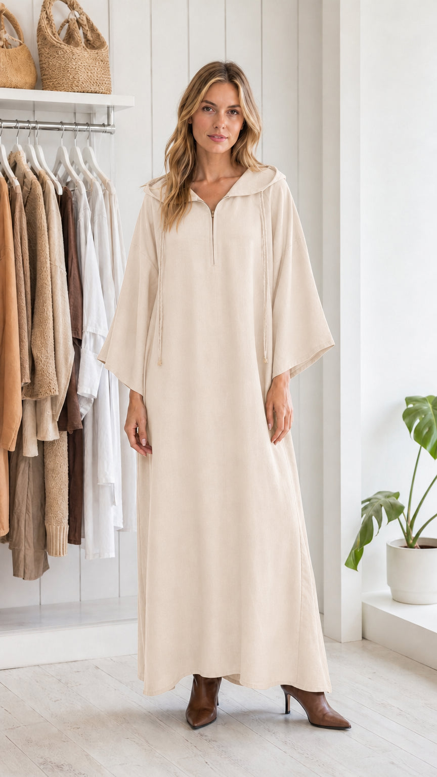 Full view of woman wearing beige hooded maxi kaftan