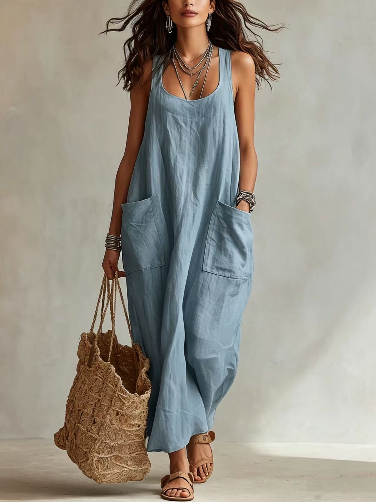 Women's casual sleeveless loose fit maxi jumpsuit in blue