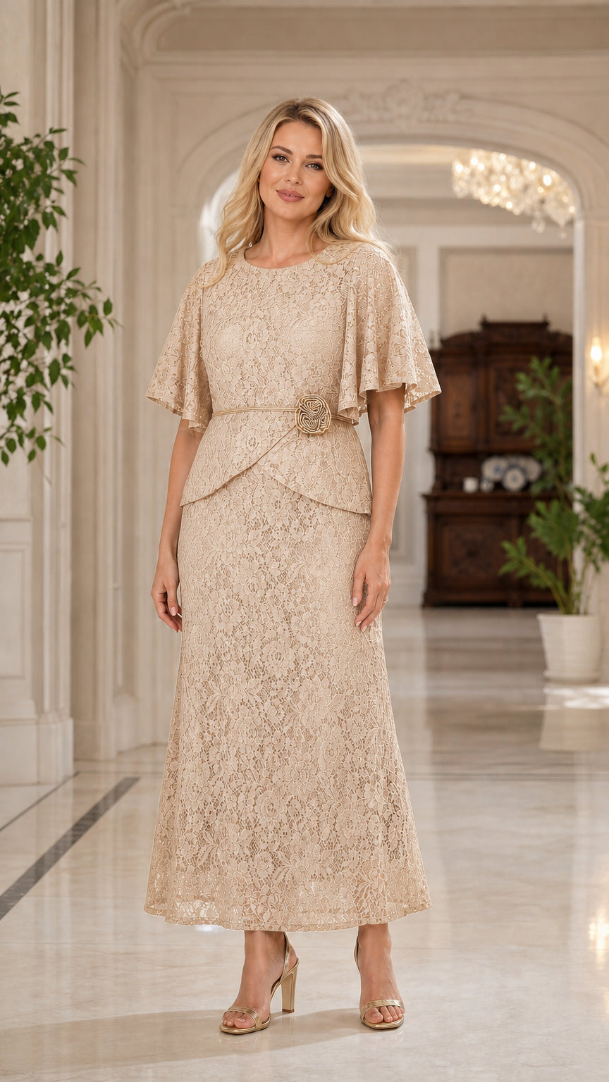 Front view of beige lace overlay maxi dress