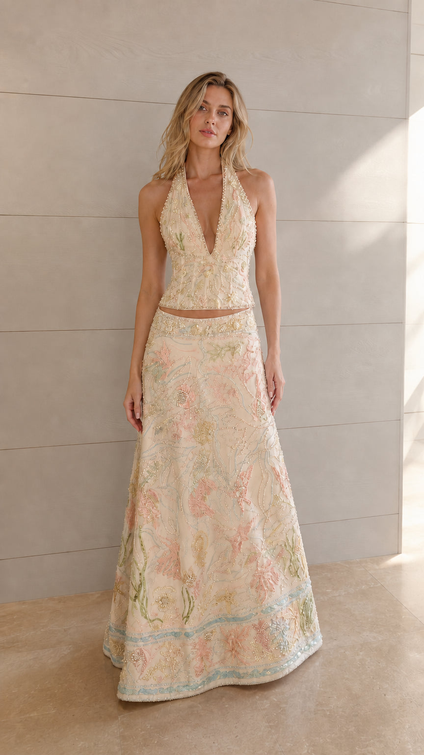 Ivory floral embellished halter crop top and maxi skirt set