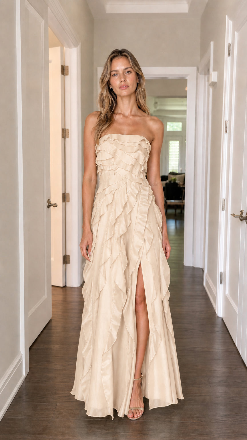 Model wearing champagne strapless tiered ruffle maxi dress