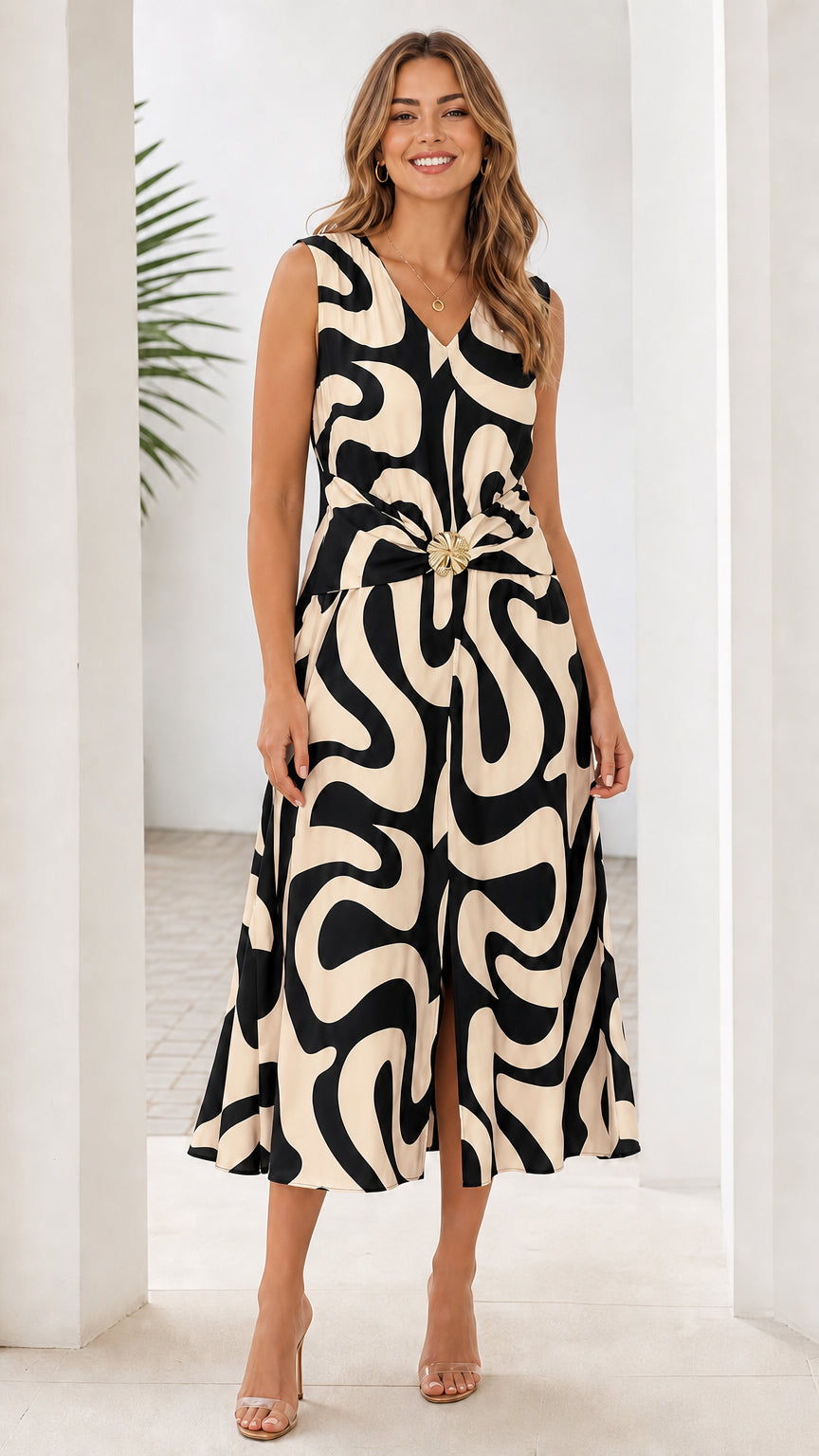 Front view of beige and black abstract print midi dress