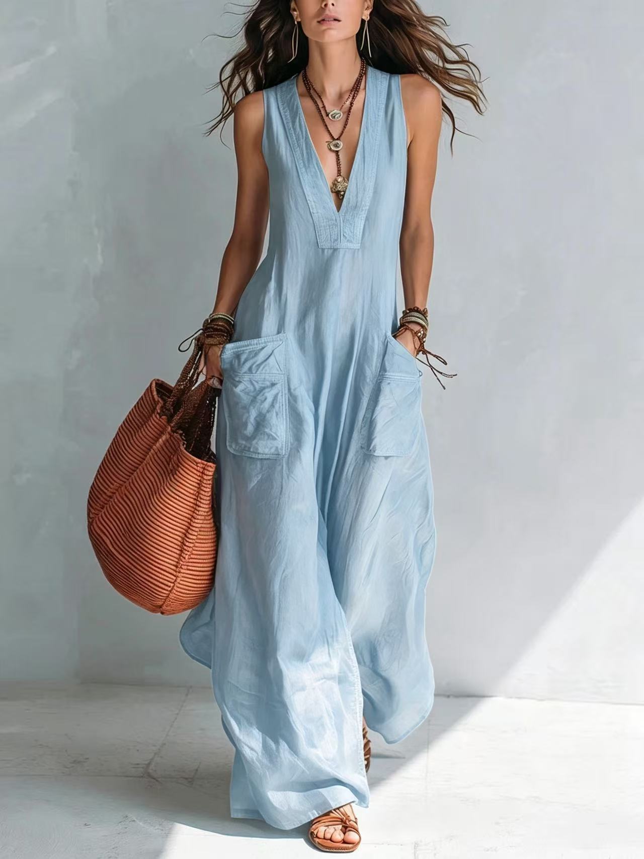 Light Blue V-Neck Sleeveless Pocket Jumpsuit