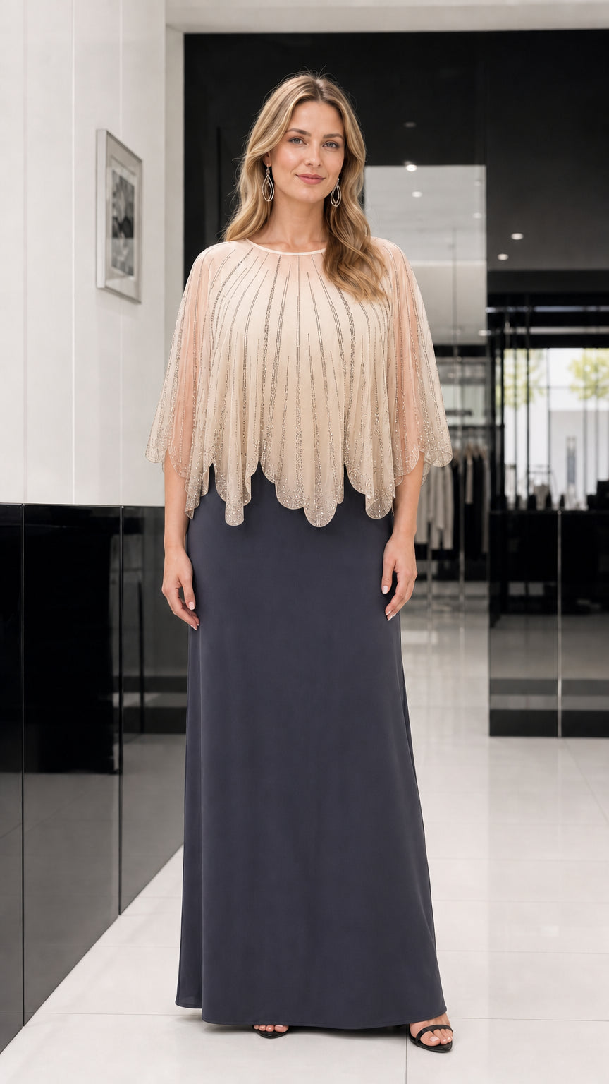 Champagne and charcoal color variant of the capelet evening dress