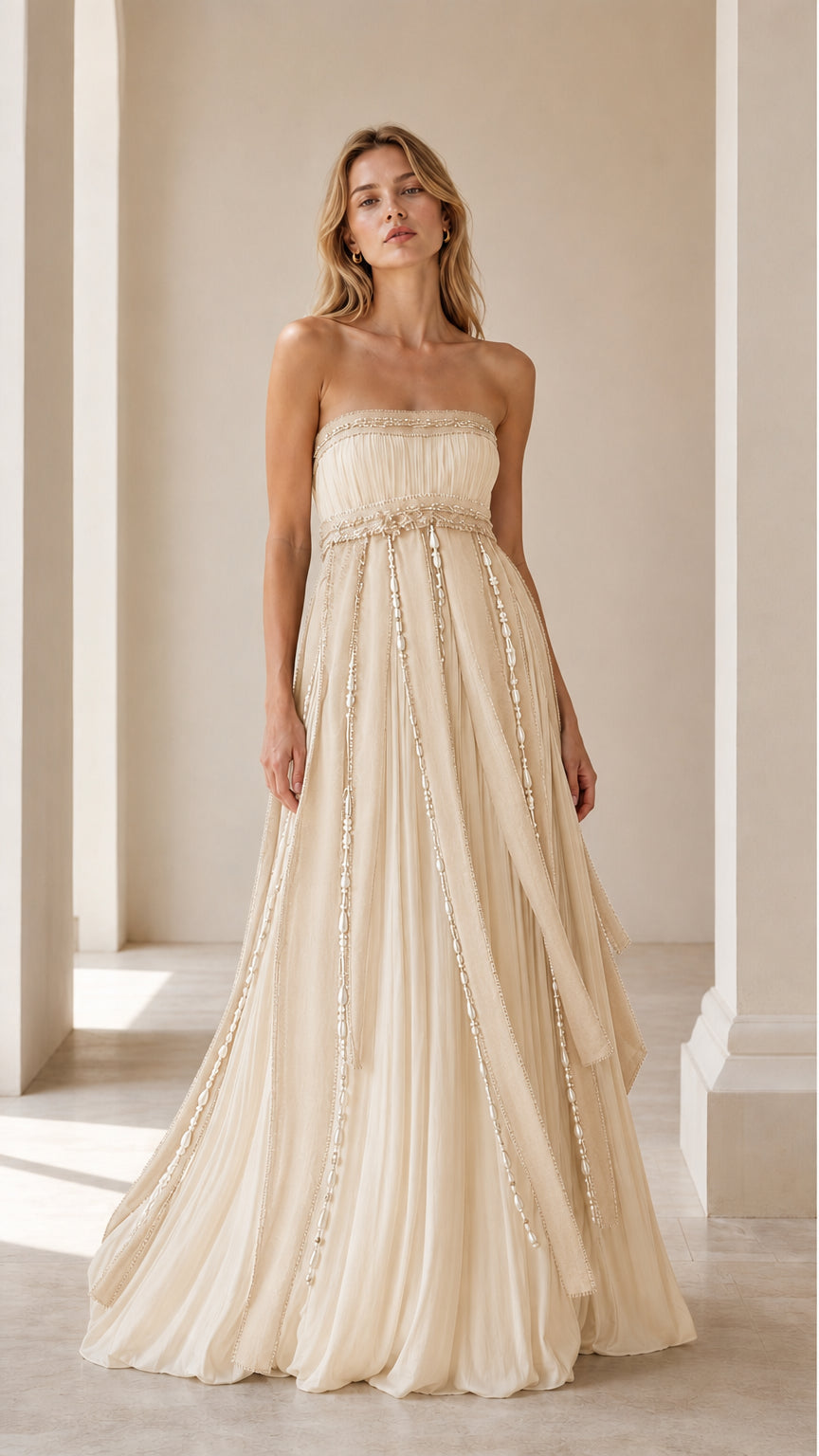 Front view of champagne strapless evening gown