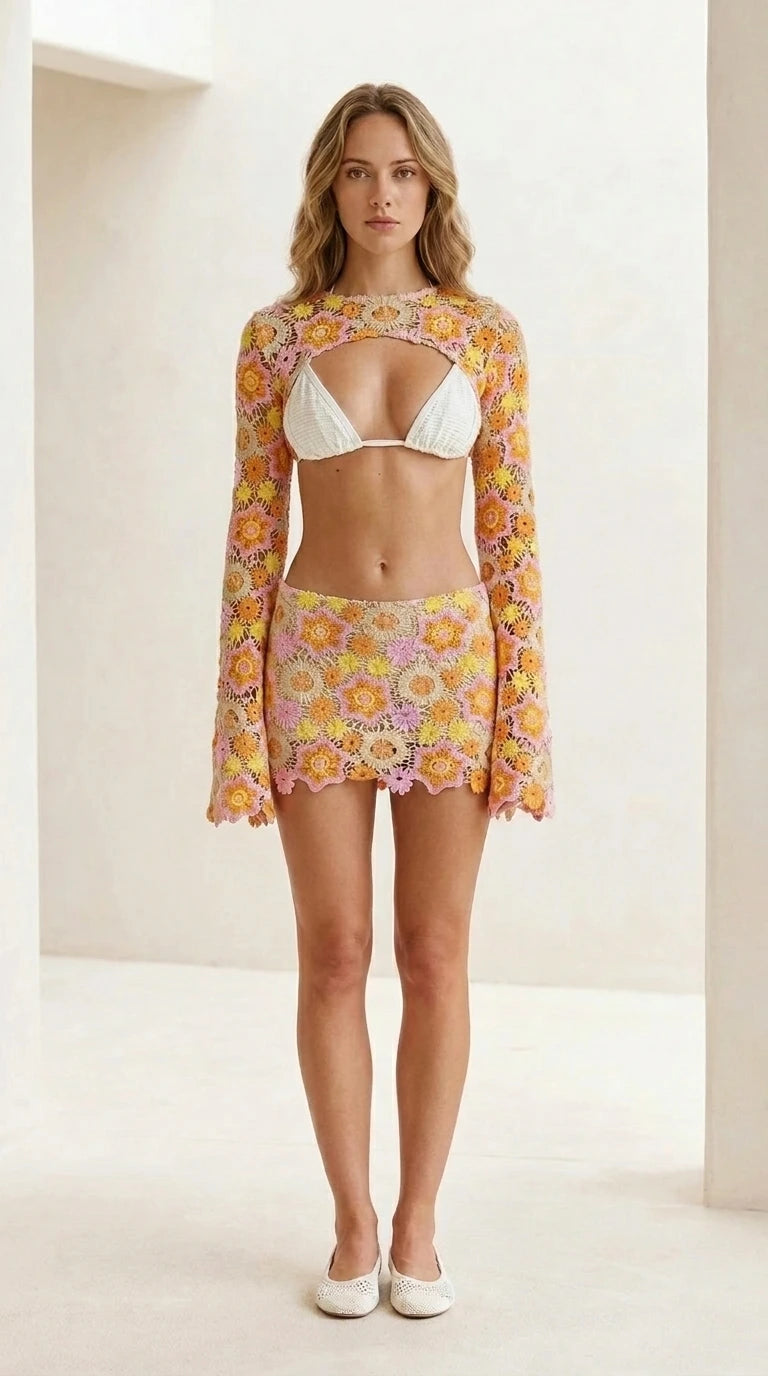 Front view of yellow floral crochet set