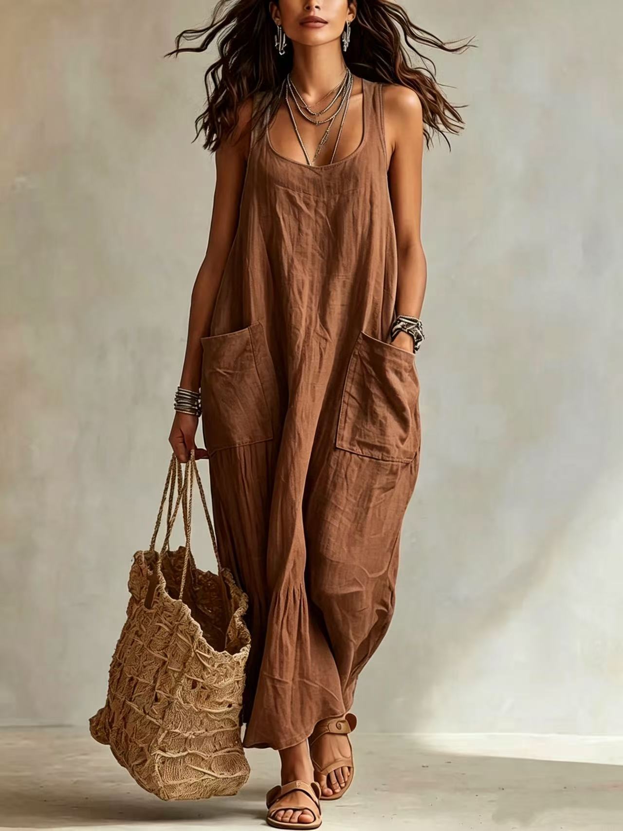 Women's casual sleeveless loose fit maxi jumpsuit in brown