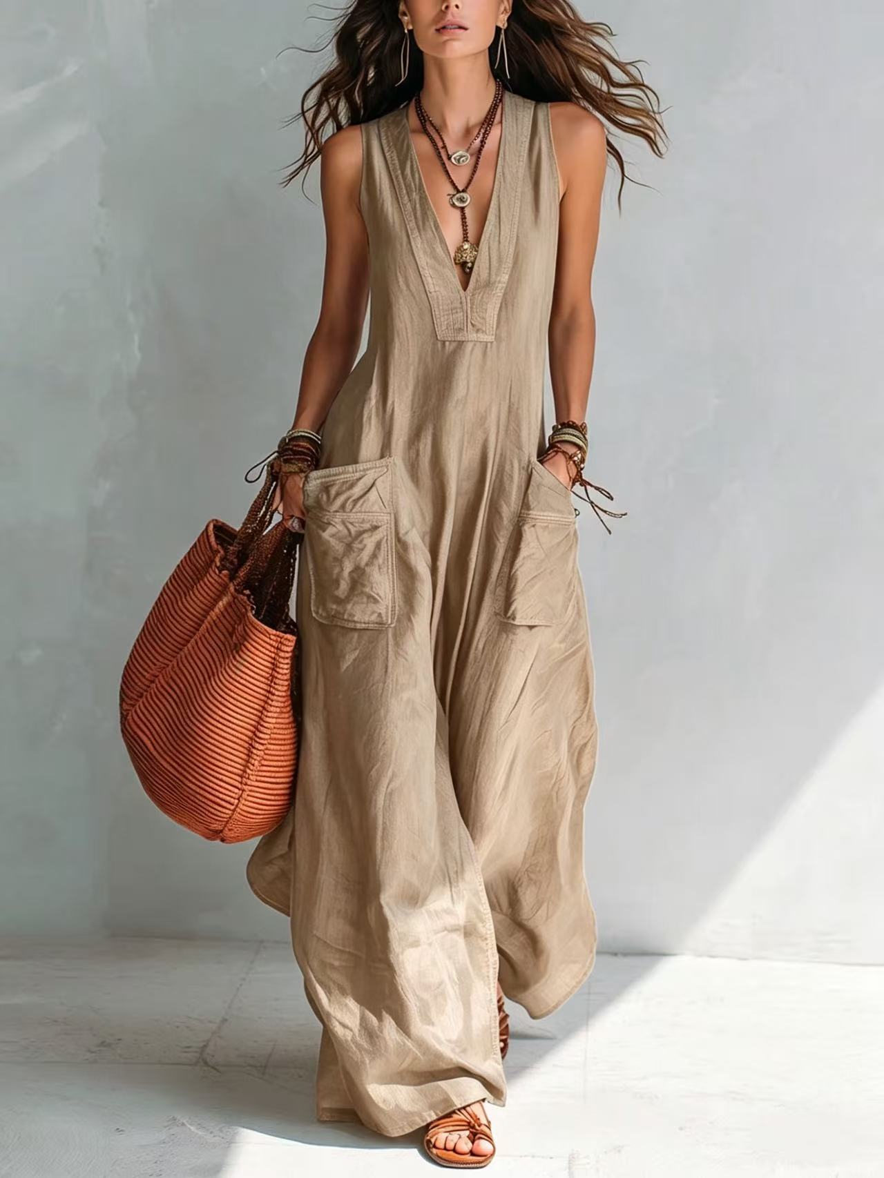 Khaki V-Neck Sleeveless Pocket Jumpsuit