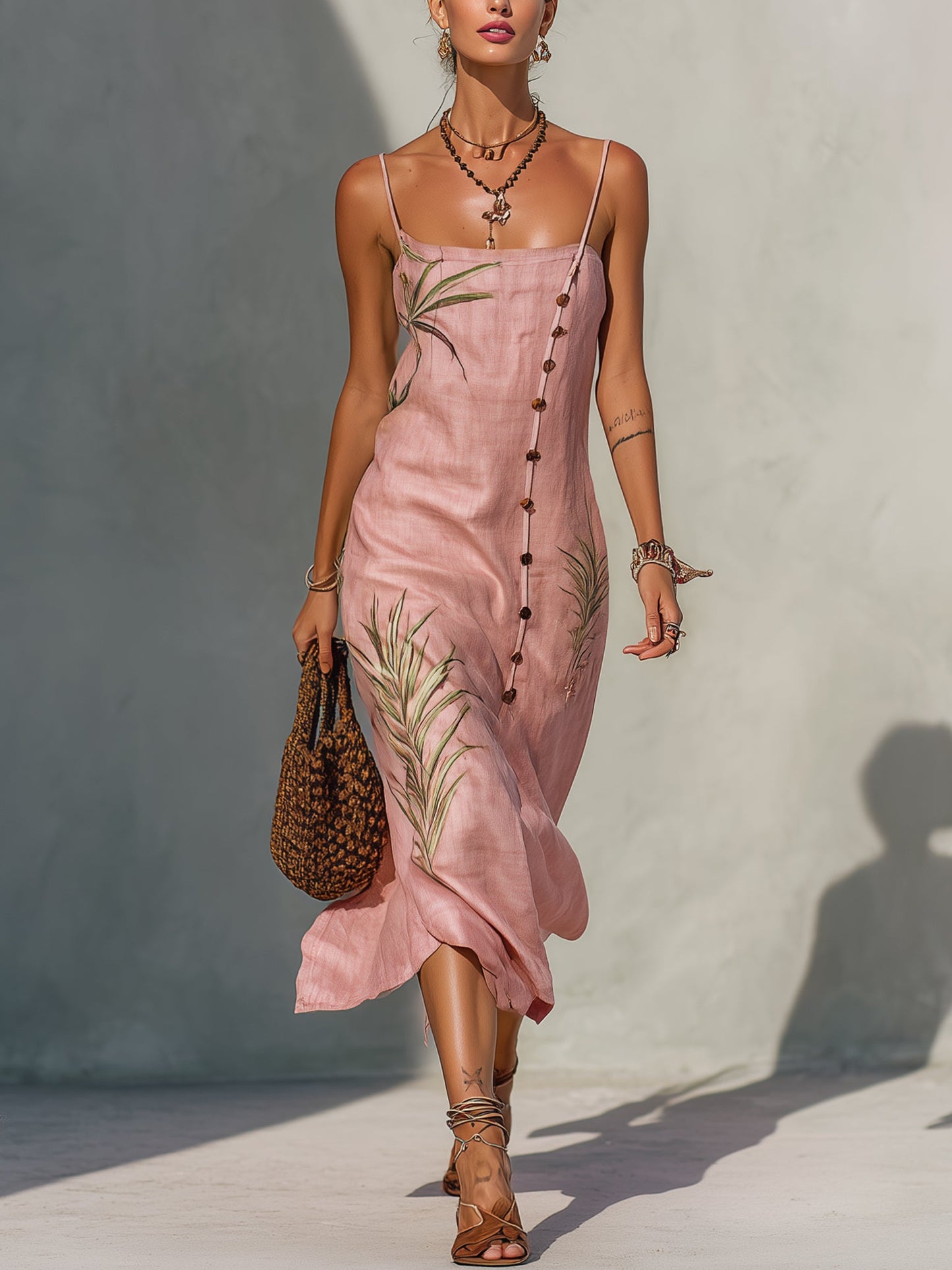 Pink Linen Print Midi Dress with Coconut Buttons