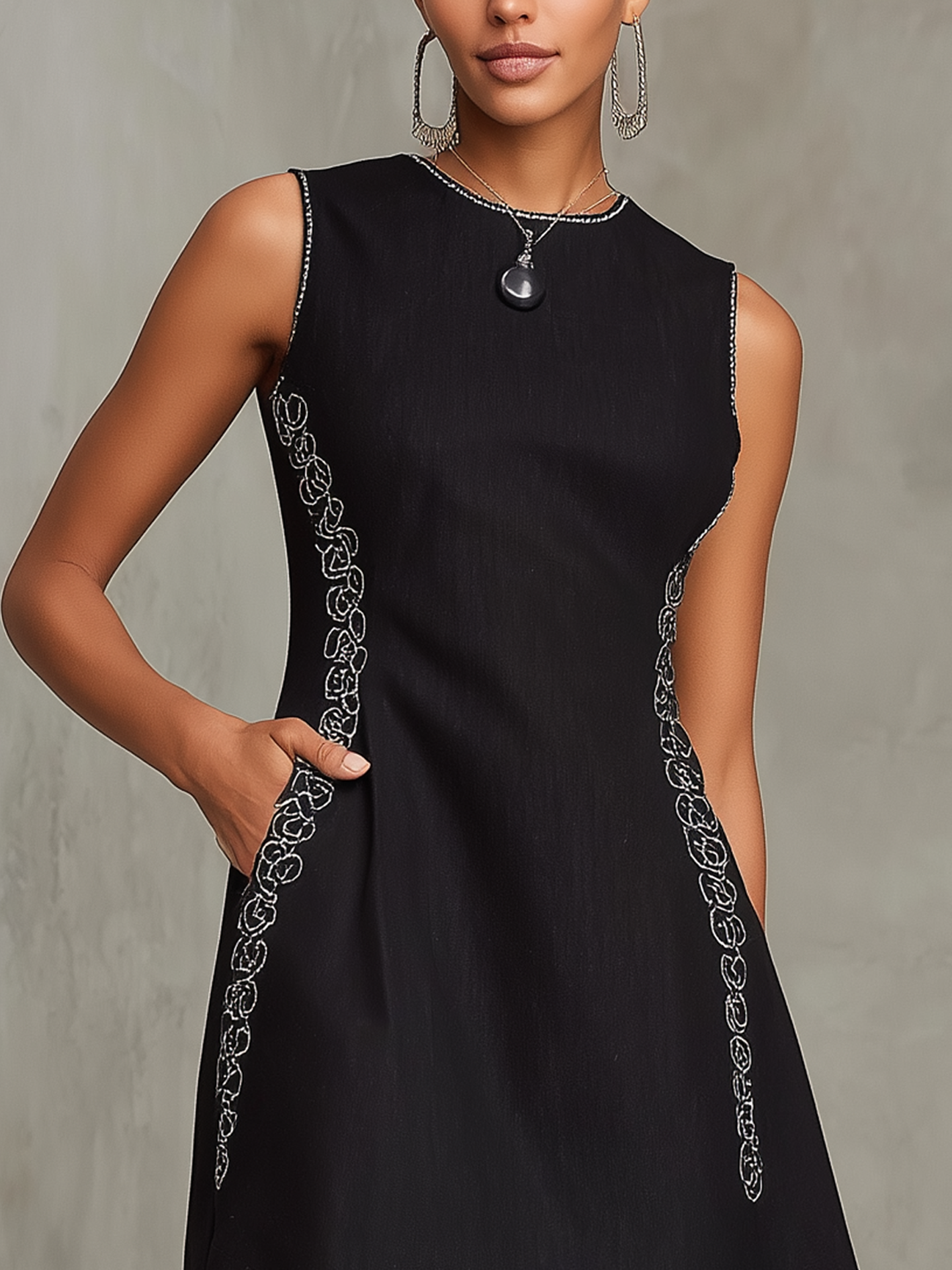 Black Stretch Denim Embroidered Mini Dress