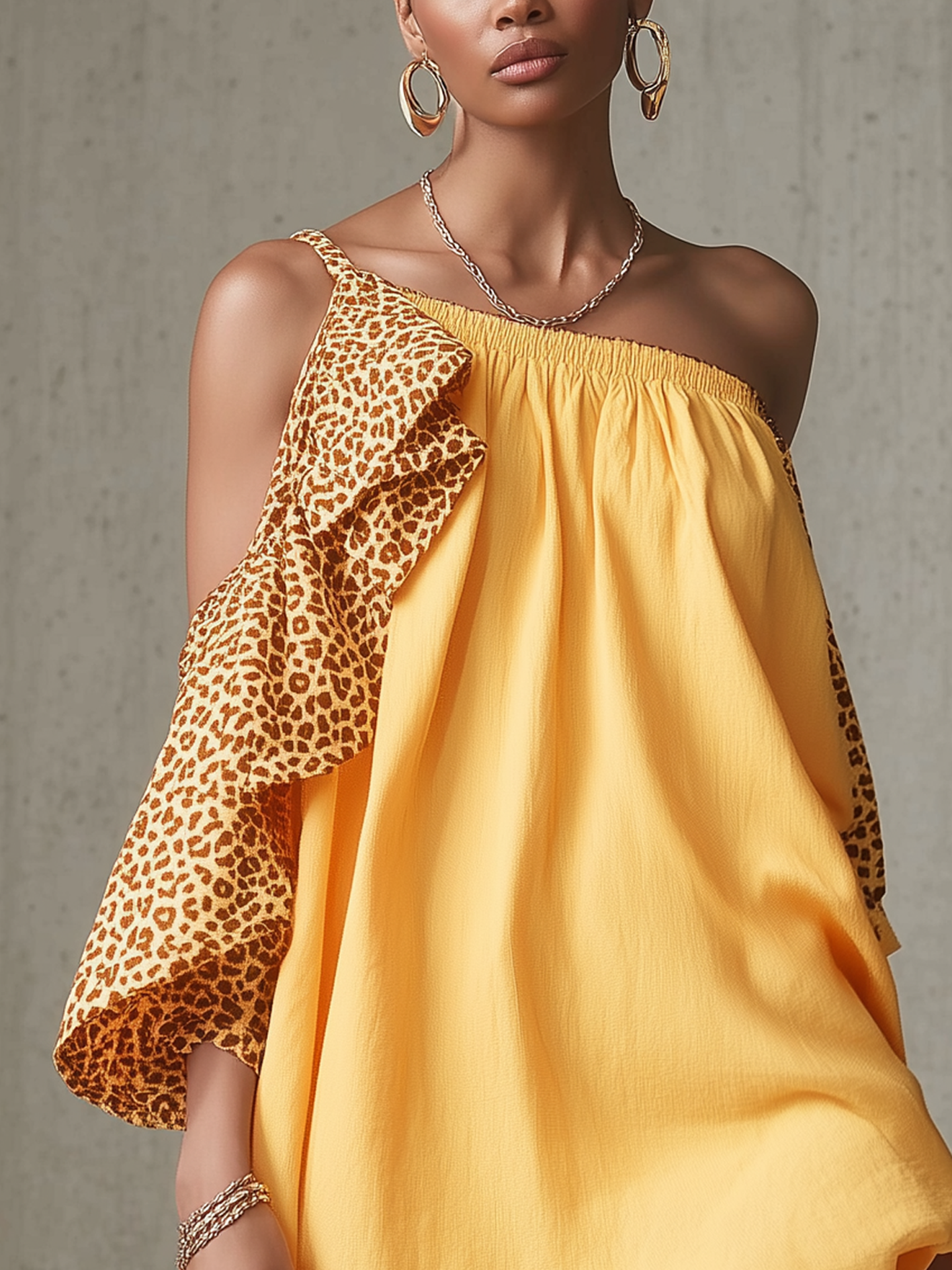 Yellow Leopard Print One Shoulder Ruffled Cotton Linen Mini Dress