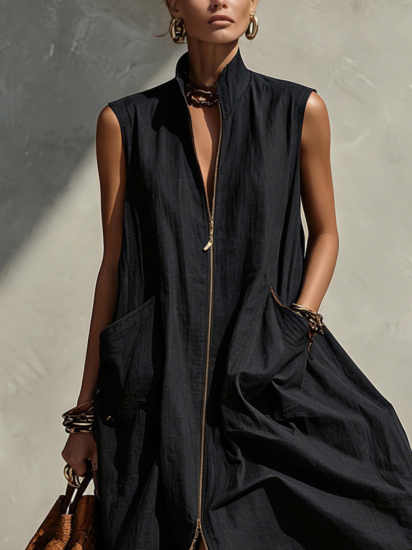 Black Zipper Sleeveless  Linen Blend Midi Dress