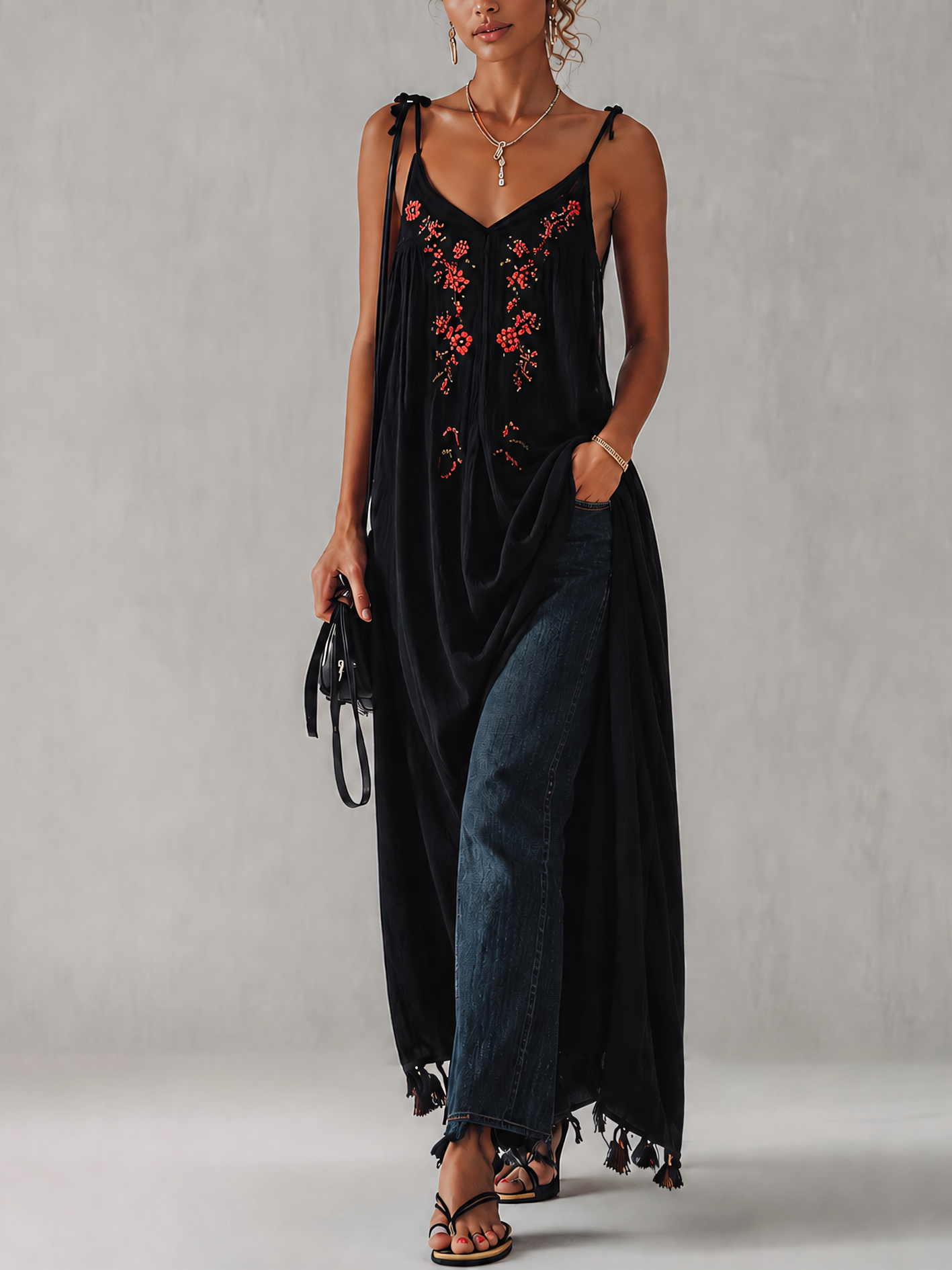 Black Cotton Linen Maxi Dress With Vintage Floral Embroidery