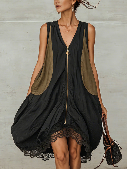 Black Linen Blend Colorblock Mini Dress