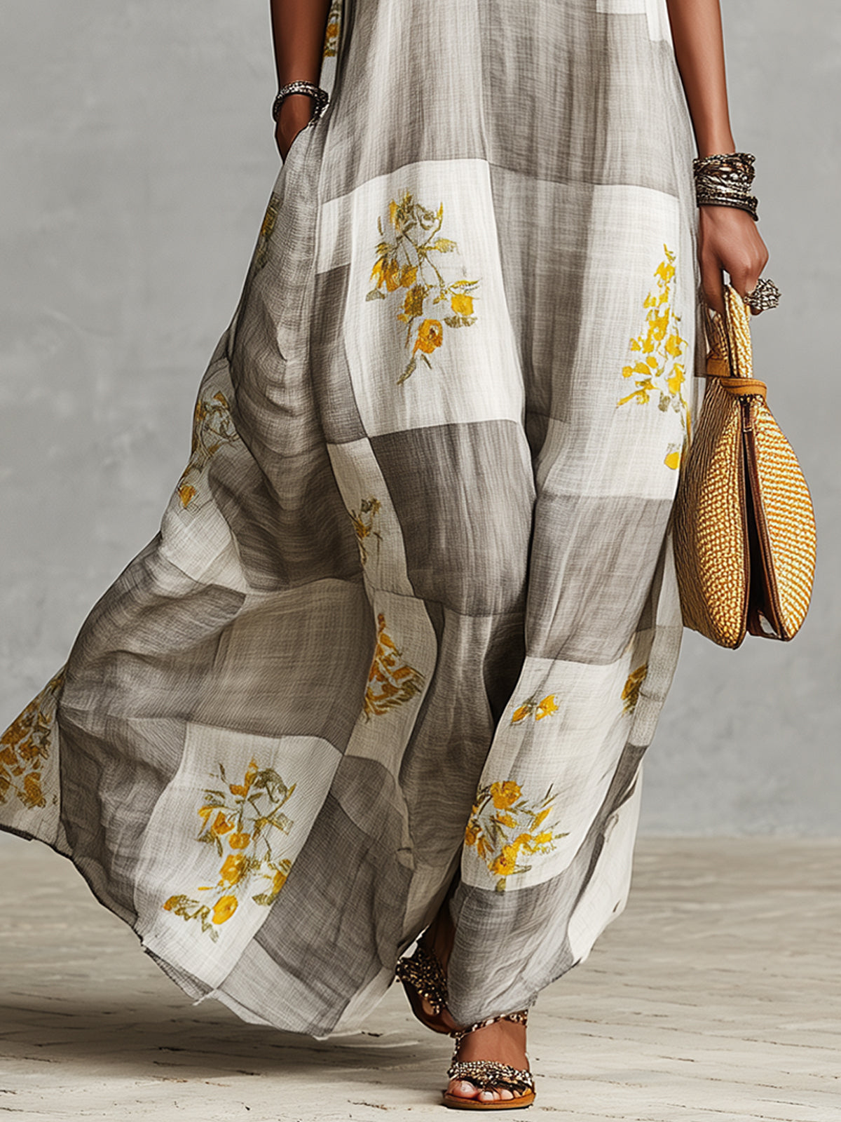 Gray and White Checkered Floral Print Sleeveless Maxi Dress