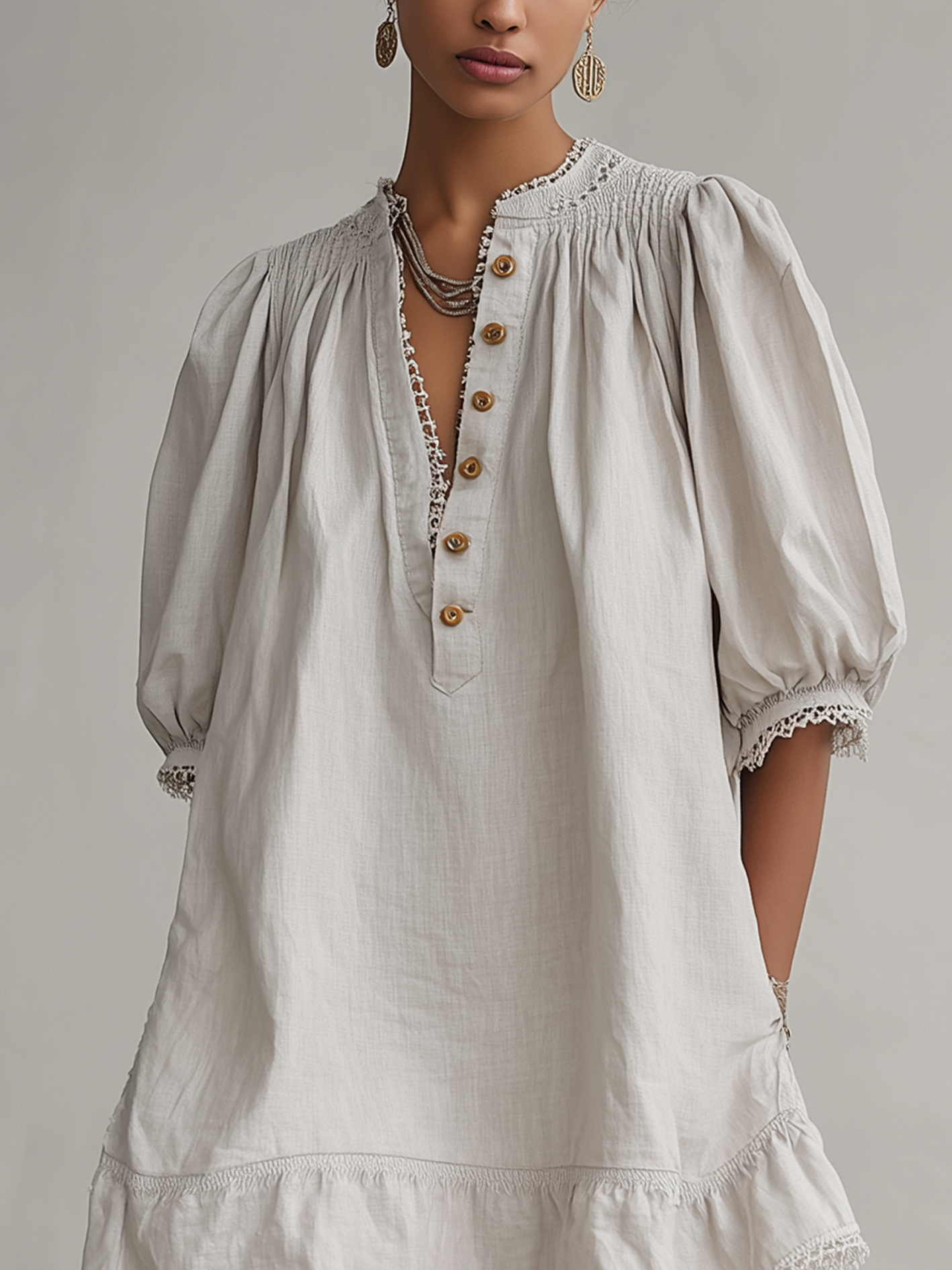 Light Gray Cotton Lace Trim Puff Sleeve Mini Dress