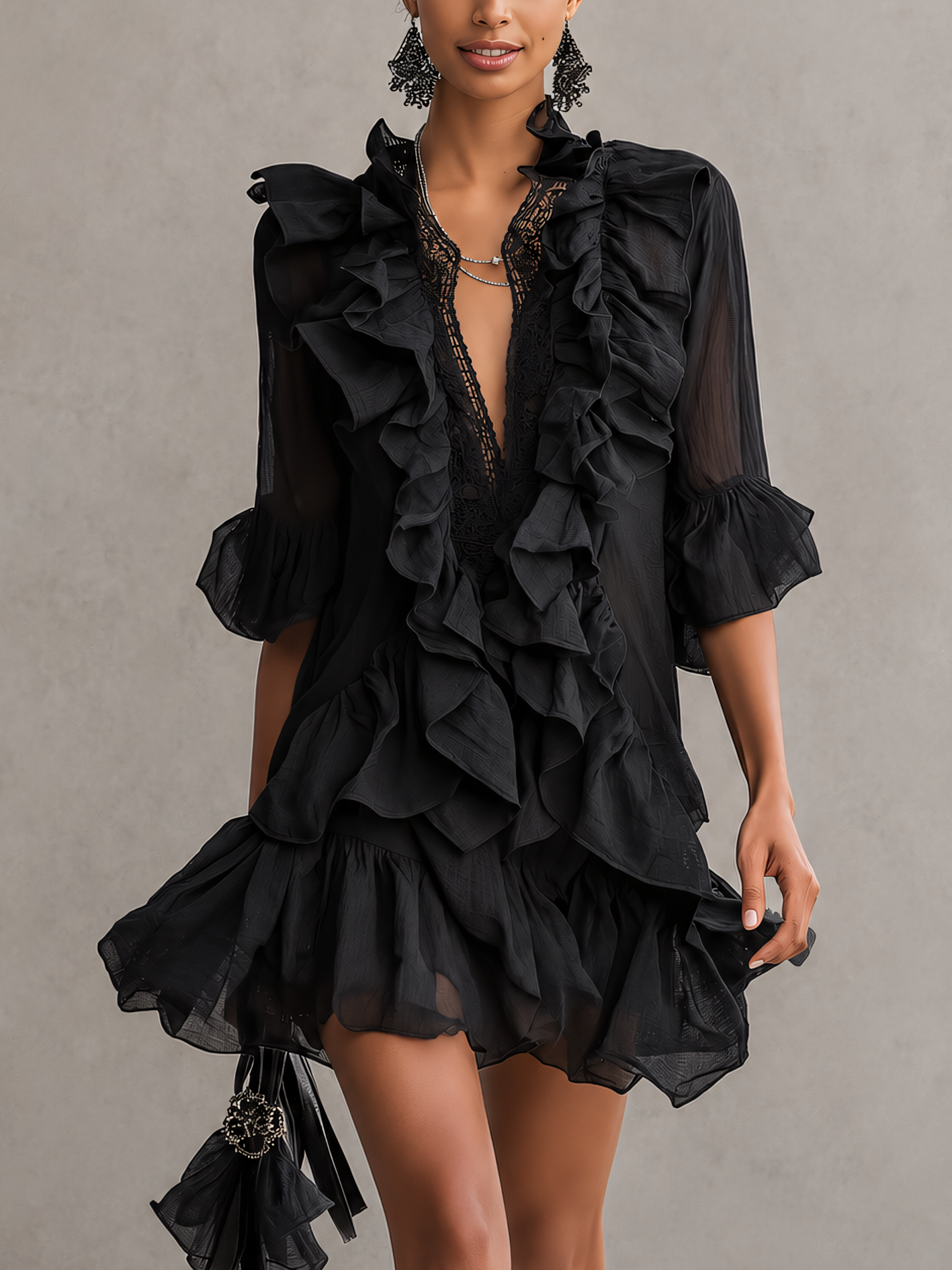 Black Ruffled Chiffon Lace Mini Dress