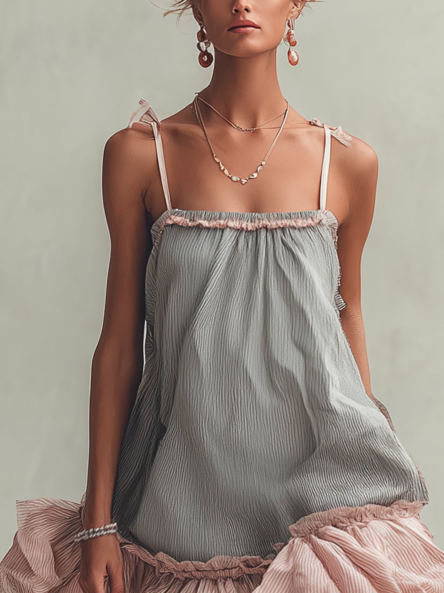 Gray Striped Cotton Ruffle Mini Dress